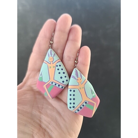 Bohemian Wooden Handpainted Dangling Earrings Vintage Costume Jewelry NOS - Picture 1 of 10